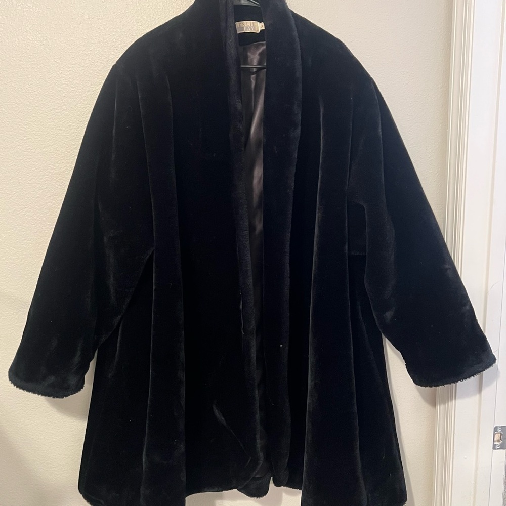 Vintage Leslie Fay Faux Fur Coat Black Mob Wife Style Size L Made in USA